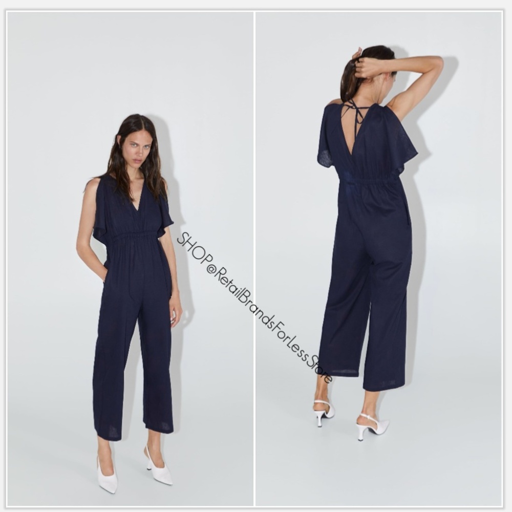 ZARA SPLIT SLEEVE LINEN NAVY BLUE RUSTIC JUMPSUIT $79.90